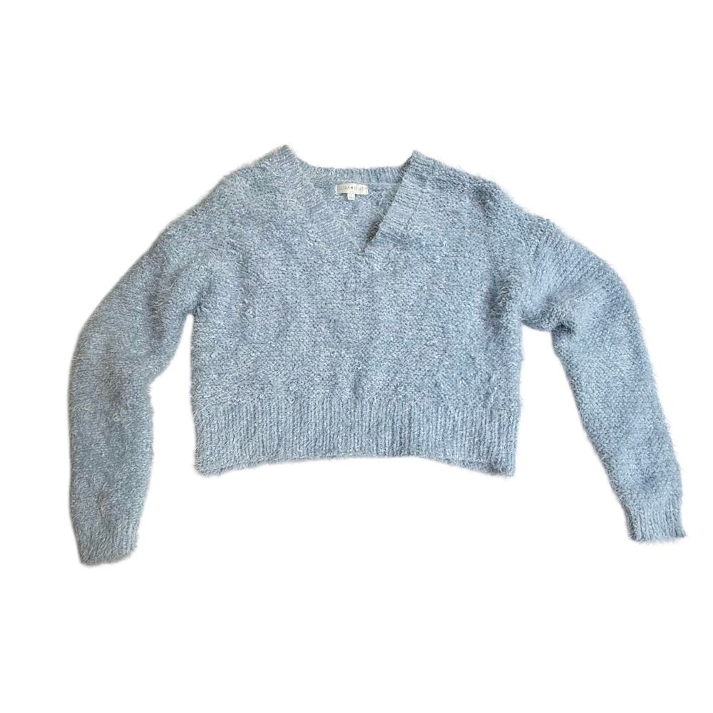 Ultra Flirt Fuzzy V-Neck SWEATER Crop Top Women's SMALL Long Sleeve Soft Fringy